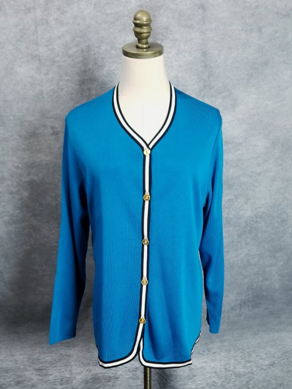 Exclusively Misook Blue Knit Cardigan Sweater PM Gold Button Luxury Minimalist